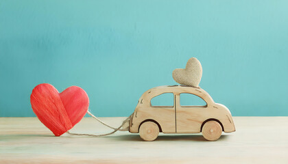 A wooden toy car with a heart on top pulls a large red heart on a string against a light blue background Generative AI
