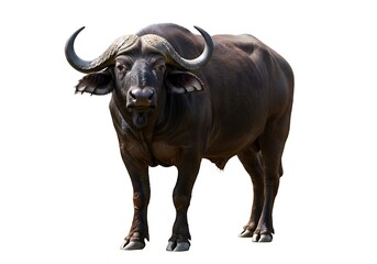 A dark brown African buffalo standing on a white background