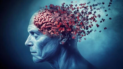 Elderly man's brain dissolving into puzzle pieces, symbolizing dementia or Alzheimer's.
