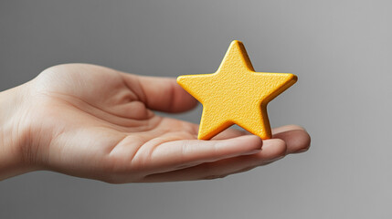 yellow star icon representing rating, review, and quality, symbolizing the highest ranking and customer satisfaction, isolated on a white background with a 3D user experience concept