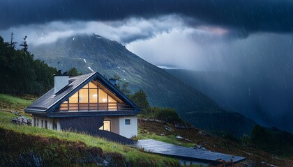 Fototapeta premium 大雨が屋根を打ち、雷が遠くで唸る山の中腹。孤独な一軒家の灯りが濡れた山道をほんのり照らし、静かに息づく暮らしの気配を雨の音に乗せて届けている。