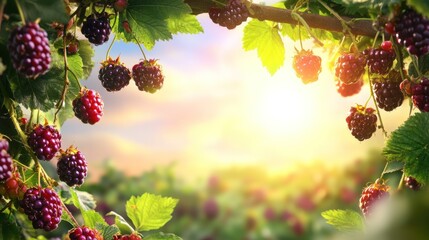Ripe blackberries on branch, sunset background.