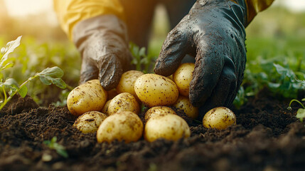 A closeup front view of a pile of freshly picked potatoes drying in the sun, symbolizing hard work, harvest, and natural processes of agriculture, isolated on a clean, modern background.

