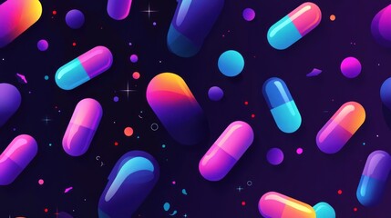 Colorful capsules scattered on a dark background.