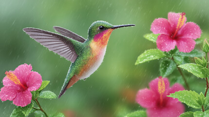 Fototapeta premium Hummingbird hovering in rain near pink hibiscus flowers with water droplets on petals
