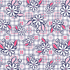 Daisies pattern on square checkered and striped background