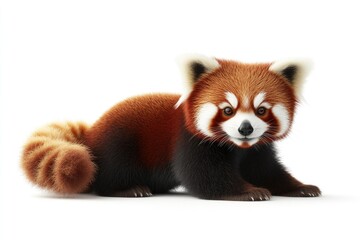 Obraz premium An adorable red panda cub, with thick fur, sits against a white background.