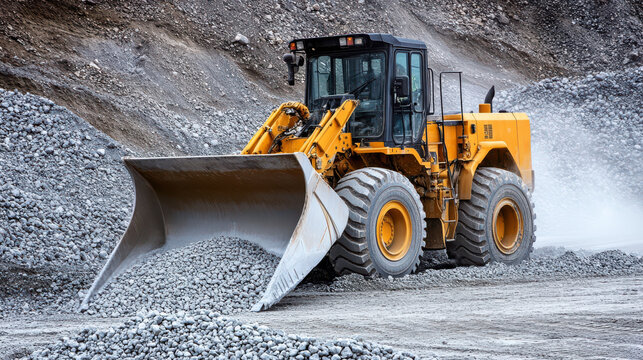 A large yellow front-end loader is operating in a gravel quarry, skillfully moving loose rocks and materials on a sunny day. Dust is kicked up as the machine maneuvers