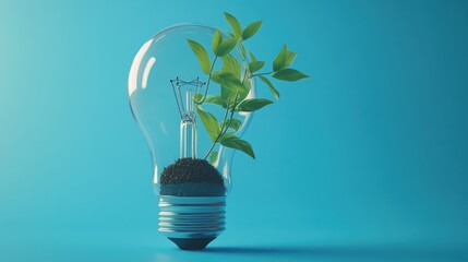 Green plant sprouting from soil inside a clear light bulb on a blue background.