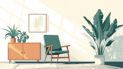 Living Room Interior with chair, plants, cabinet, on empty white wall background,minimal design, 3D rendering