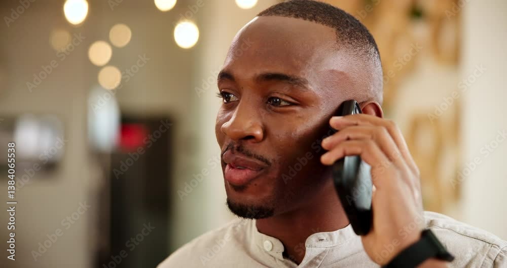 Poster phone call, happy and man in office, planning and smile for project with contact or web designer. ta