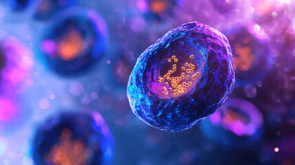 Vibrant cells are magnified under a microscope, revealing intricate structures and glowing components. This scientific exploration highlights biology's complexity and beauty