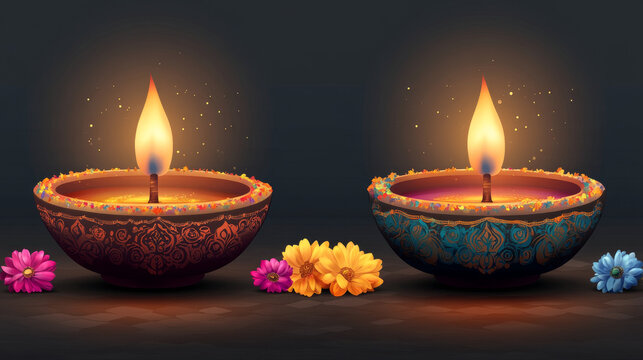 Diwali diya lamps on transparent background realistic vector set of Deepavali or Divali light festival. Indian Hindu religion oil lamps or lanterns with burning candle wicks and rangoli decoration