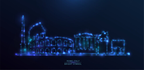 Rome skyline with a bright blue neon outline, featuring iconic monuments. Sparkling particles and subtle light trails, suggesting a futuristic and vibrant interpretation of the city.