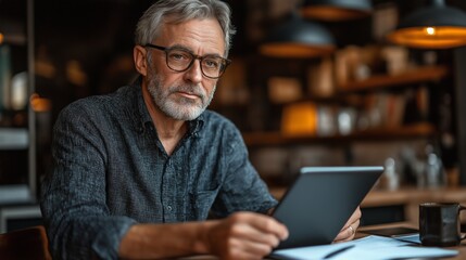 Serious Grey-Haired Senior Man Checking Bank Account on Tablet in Cozy Café Interior for Financial Planning Blogs, Retirement Advisory Services and Banking Apps in Warm Neutral Lighting