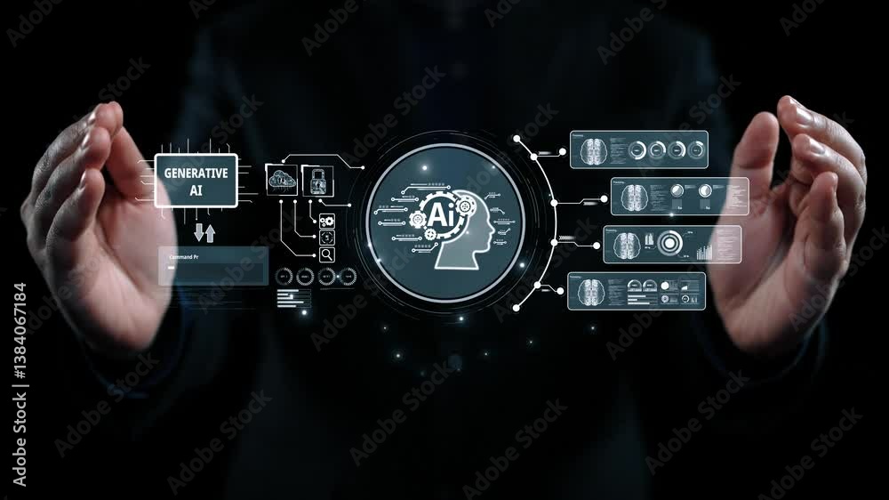 Poster human interact with ai artificial intelligence brain processor in concept of ai artificial intellige