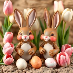 Adorable Easter Bunnies Surrounded by Tulips and Eggs