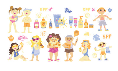 Set Concept of Children's Skin Sunburn Cause Redness, Pain, And Blisters due to Overexposure To The Sun's Harmful Uv Rays And Can Be Prevented By Using Sunscreen. Cartoon People Vector Illustration
