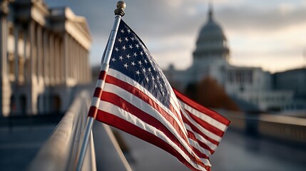 American flag flutters in the breeze, with building in the background at dusk.
