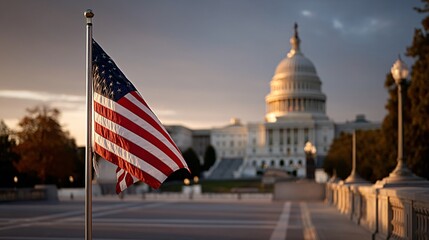 American flag in the foreground with the U.S. Capitol building in the background during sunset.