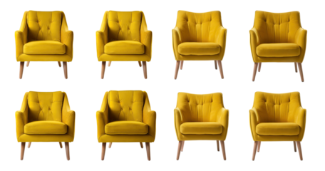 Yellow Accent Chairs in Various Arrangements for Modern Interiors, PNG bundle collection, Isolated on Transparent Background
