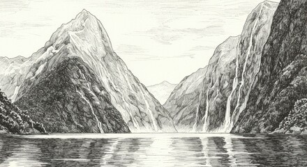 Milford Sound Sketch with Towering Cliffs and Mist