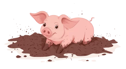 Naadloos Fotobehang Airtex A cheerful pink pig is depicted playfully sitting in a muddy puddle, showcasing a flat design style and a lively atmosphere, ideal for modern playful art © Iryna