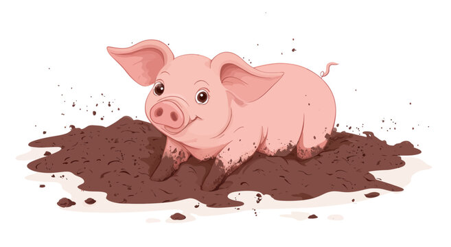 A cheerful pink pig is depicted playfully sitting in a muddy puddle, showcasing a flat design style and a lively atmosphere, ideal for modern playful art