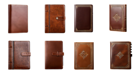 Assorted Leather Journals and Notebooks in Elegant Styles and Colors, PNG bundle collection, Isolated on Transparent Background