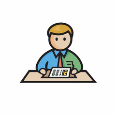 Stylized man works calculating data desk icon vector