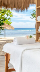 Fototapeta premium Tranquil beachside spa massage setup with ocean view for relaxation and wellness retreat