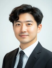 Portrait of a Young Asian Businessman Wearing a Black Suit Professional Headshot Corporate Image Executive Man Serious Expression Confident Attractive Male Model Studio Photography tie work face hair 