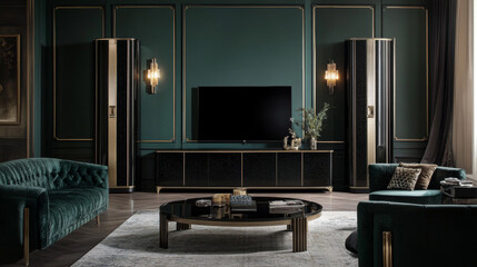 Living room with cabinet for tv on dark green color wall background.3d rendering