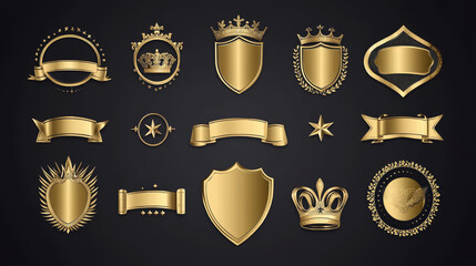 Golden luxury labels and banners. Vector premium quality badges, ribbons, curly corners, tags and vip product gold emblems or sticker seals with stars and crowns on glossy silky surface isolated set