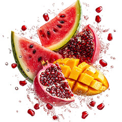 Pomegranate Mango and Watermelon Slices Bursting with Water Isolated on Transparent Background