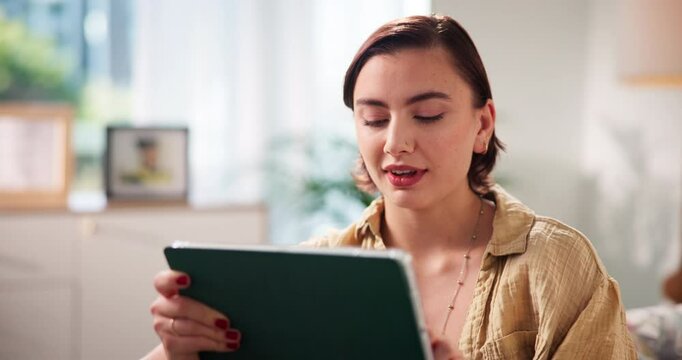 Sofa, woman and thinking with tablet for reading, choose movie and connection for subscription at home. House, female person and relax with digital for streaming entertainment, select film and smile