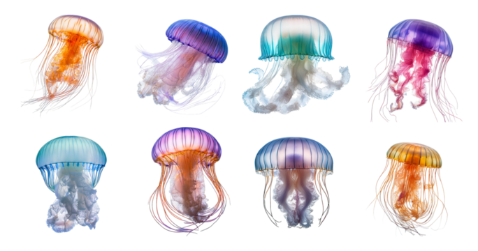 Colorful Jellyfish Display in Various Forms and Shapes, Bundle Set Collection, Isolated on Transparent Background