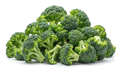 Fresh green broccoli florets clustered together vibrant and natural against a clean white backdrop