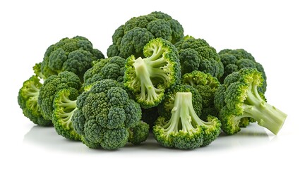 Fresh green broccoli florets clustered together vibrant and natural against a clean white backdrop