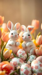 Adorable Easter Bunnies Amidst Spring Tulips and Decorated Eggs