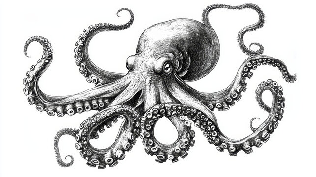 Black and white illustration of giant octopus with eight tentacles writhing around its body in two different sizes. Jpeg version also available in gallery