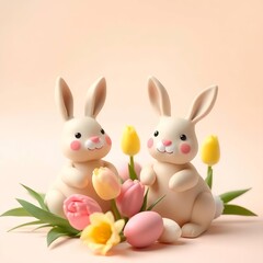 Fototapeta premium 3d clay easter bunny eggs and tulip pastel background - Brown Rabbit - Easter Flyer Template perfect for digital invitation card