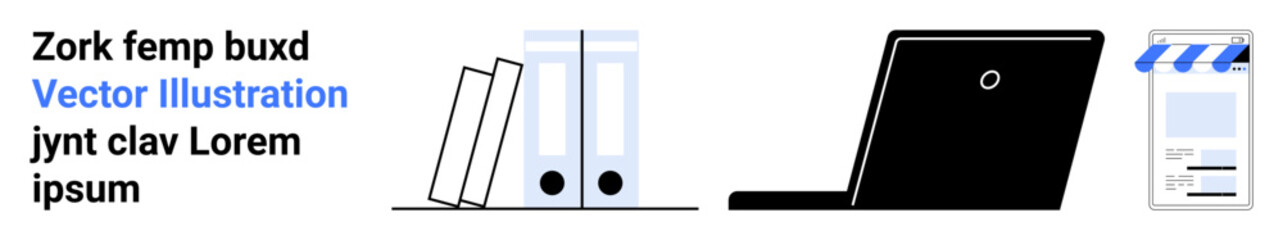 Set of binders, sleek laptop, and a mobile storefront visualizing business organization, productivity, e-commerce presence, content creation, remote access, professional services, and simple landing