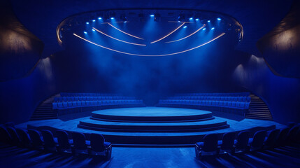 Futuristic interior with empty podium.Empty dark blue studio room futuristic Sci Fi.3d rendering