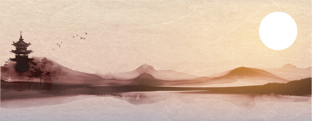 Sunset Japanese sumi-e landscape with pagoda, birds, misty mountains, and calm water reflection in warm tones.