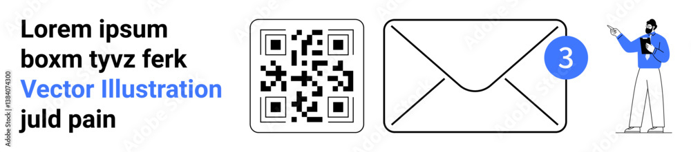 Poster qr code, envelope with message notification badge, and a professional man pointing at elements. idea