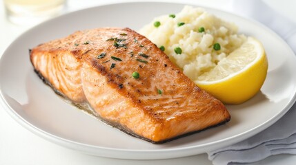 Grilled Salmon with Mashed Potatoes and Lemon Slice  