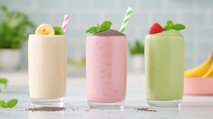 Colorful fruit smoothies in glasses with decorative straws  