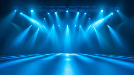 Empty light blue studio room Futuristic interior with empty stage with lights blue, Future background for design,3d rendering