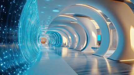 Obraz premium Science background fiction interior room sci-fi spaceship corridors blue ,3D rendering